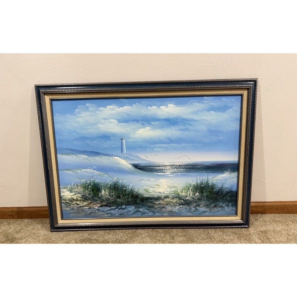 Vtg Painting SIGNED Lighthouse Framed 41.5 " x 29.25 Wall Art Coastal Home Decor